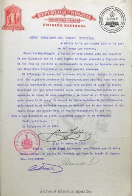 Resolución Municipal ; Asunto: A merito de lo que expone pide se le exima del cargo que expresa.; Estado: Aceptado mediante Resolución.; Unidad Receptora: H. Concejo Municipal; Solicitante: Dr. Jordán, Simón