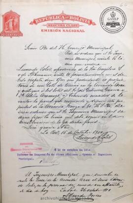 Resolución Municipal ; Asunto: Pide se ordene que el Sr. Ingeniero Municipal, señale la linea que indica; Lugar: Av. Arce; Estado: Concedido mediante Resolución Municipal; Unidad Receptora: H. Concejo Municipal; Solicitante: Soliz, Leonardo