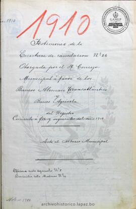 Resolución Municipal; Asunto: Testimonio de la Escritura de Cancelación N°26; Lugar: Calle Ayacucho Nº8; Unidad Receptora: H. Concejo Municipal; Solicitante: Banco Alemán Trans Atlántico i Agrícola.