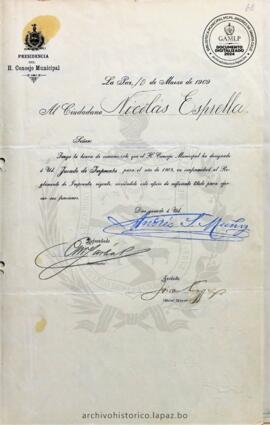 Resolución Municipal ; Asunto: En merito de lo que aduce, pide se le exima de la patente que indica.; Estado: Con proveído a la Policía Urbana; Unidad Receptora: H. Concejo Municipal; Solicitante: Esprella, Nicolas y Esprella, Francisca B. de