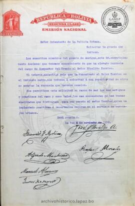 Resolución Municipal; Asunto: Solicitan la gracia que indica; Estado: Sin respuesta; Unidad Receptora: Intendente Policía Urbana; Solicitante: Molina, Bernabé F. y otros