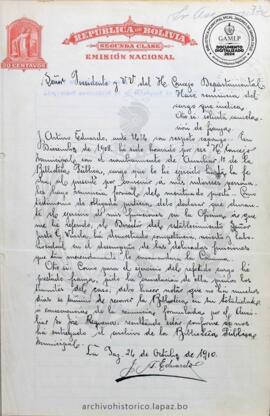 Resolución Municipal ; Asunto: Hace renuncia del cargo que indica. Otro si: solicita cancelación de fianza; Lugar: Biblioteca Pública ; Estado: Aprobado por Resolución; Unidad Receptora: H. Concejo Municipal; Solicitante: J., Arturo Eduardo