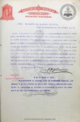 Resolución Municipal ; Asunto: Pide la devolución de los obrados que expresa.; Lugar: finca Santa Rosa; Estado: En consideración mediante proveído; Unidad Receptora: H. Concejo Municipal; Solicitante:  Herrera, Adolfo G.