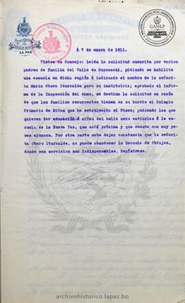 Resolución Municipal ; Asunto: Piden se habilite escuela mixta para la zona ; Lugar: Villa Sopocachi; Estado: Rechazado mediante Resolución; Unidad Receptora: H. Concejo Municipal; Solicitante: Padres de Familia y Vecinos