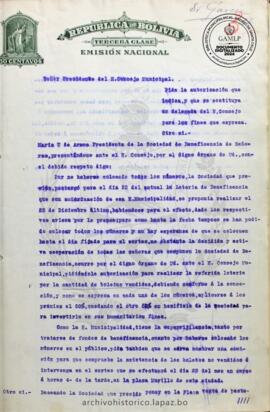 Resolución Municipal; Asunto: Pide la autorización que indica, y que se constituya un delegado del H. Concejo para los fines que expresa.; Lugar: Sociedad de Beneficencia de señoras; Estado: Admitido por el H. Concejo; Unidad Receptora: H. Concejo Municipal; Solicitante: Arana, Maria U. de