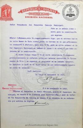 Resolución Municipal ; Asunto: Pide se le señale linea y nivel para la construcción que expresa.; Lugar: Calle Bueno; Estado: Remitido al inspector de Obras Publicas , para informe; Unidad Receptora: H. Concejo Municipal; Solicitante: Velasco, Néstor P.