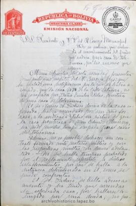 Resolución Municipal; Asunto: Pido se autorice se subsista el arrendamiento del fundo que indica, para casa de tolerancia, por las razones que expresa; Lugar: Calle Catacora N°78; Estado: Remitido al Inspector de Policía para informe; Unidad Receptora: H. Concejo Municipal; Solicitante: Aguilar, María