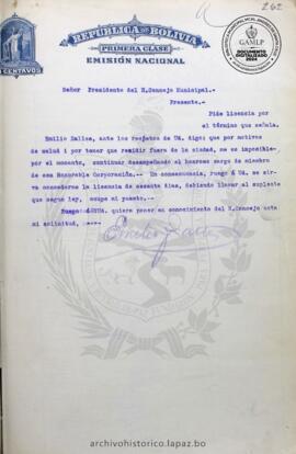 Resolución Municipal ; Asunto: Pide licencia por el termino que señala.; Unidad Receptora: H. Concejo Municipal; Solicitante: Zalles, Emilio