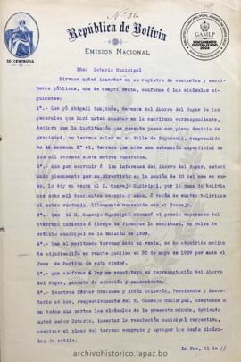 Resolución Municipal ; Asunto: Minuta de compra venta de terreno.; Lugar: Valle Sopocachi; Estado: contiene informe de la Oficialía Mayor del Concejo; Unidad Receptora: H. Concejo Municipal; Solicitante: Sanjinés, Abigail