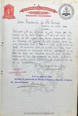 Resolución Municipal ; Asunto: Propone la venta que indica; Lugar: Calle Ingavi N°63 y 65; Estado: Remitido para informe al Inspector de Policía é Higiene; Unidad Receptora: H. Concejo Municipal; Solicitante: Estensoro y Cia.