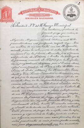Resolución Municipal ; Asunto: Pide resolución, aprobando la forma de pago que indica, de la deuda que expresa.; Lugar: Plaza Murillo ; Estado: Remitido mediante proveído a la Comisión de Hacienda, para informe.; Unidad Receptora: H. Concejo Municipal; Solicitante: Magnani, Alejandro