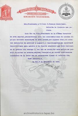 Resolución Municipal; Asunto: Solicita la licencia que refiere; Estado: Recepcionado; Lugar: La Paz; Unidad Receptora: H. Concejo Municipal; Solicitante: Hoz de Vila, Luis