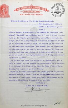 Resolución Municipal ; Asunto: Pide la gracia que indica en merito de las razones que expresa.-; Lugar: Calle Bueno ; Estado: Aceptado mediante Resolución; Unidad Receptora: H. Concejo Municipal; Solicitante: Balada, Alfredo