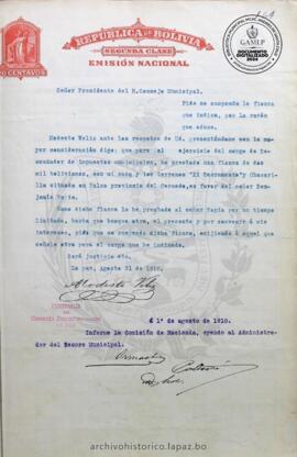Resolución Municipal ; Asunto: Pide se suspenda fianza que indica, por la razón que aduce.; Lugar: Provincia Palca; Estado: Solicitud desestimada, mediante Resolución; Unidad Receptora: H. Concejo Municipal; Solicitante: Velis, Modesto