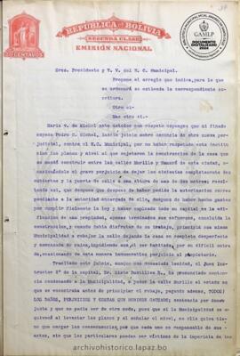 Resolución Municipal ; Asunto: Propone el arreglo que indica, para que lo que se ordenará se extienda la correspondiente escritura. Otro si.; Lugar: Calle Murillo y Mamore ; Estado: Aceptado mediante Resolución Municipal; Unidad Receptora: H. Concejo Municipal; Solicitante: Michel, María Vda. De
