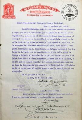 Resolución Municipal ; Asunto: Hace reclamo que indica.; Lugar: Calle Murillo; Estado: Remitido al Inspector de Policía Municipal, para informe.; Unidad Receptora: H. Concejo Municipal; Solicitante: Peñaranda, Calixto