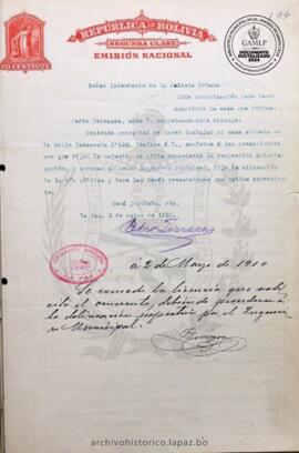 Resolución Municipal ; Asunto: Pide autorización para hacer construir la casa que indica; Lugar: Calle Yanacocha Nº250; Estado: Concedido mediante proveído; Unidad Receptora: H. Concejo Municipal; Solicitante: Terrazas, Pedro