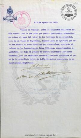 Resolución Municipal ; Asunto: Pide pago del valor de los terrenos previo justiprecio; Lugar: En el Valle de Sopocachi; Estado: Aprobado mediante Resolución; Unidad Receptora: H. Concejo Municipal; Solicitante: Franco, Tomas