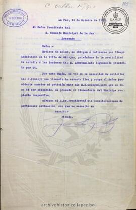 Resolución Municipal ; Asunto: Solicita licencia por enfermedad; Lugar: En la Villa de Obrajes; Estado: Concedido mediante Resolución Municipal; Unidad Receptora: H. Concejo Municipal; Solicitante: Gutiérrez  Guerra, José