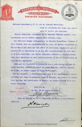 Resolución Municipal ; Asunto: Pide la concesión del local que indica para el objeto que menciona.; Lugar: Teatro Municipal ; Estado: Se ratifica mediante Resolución; Unidad Receptora: H. Concejo Municipal; Solicitante: Pizarroso, Felipe