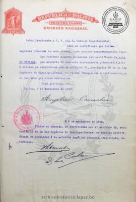 Resolución Municipal ; Asunto: Pide el certificado que indica.; Estado: Aceptado mediante Resolución; Unidad Receptora: H. Concejo Municipal; Solicitante: Ormachea, Angélica