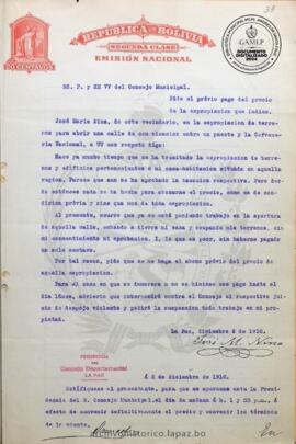 Resolución Municipal ; Asunto: Pide el previo pago del precio de la expropiación que indica.; Lugar: Cervecería Nacional; Estado: Mediante proveído se indica notificación al presentante; Unidad Receptora: H. Concejo Municipal; Solicitante: Nina, José María