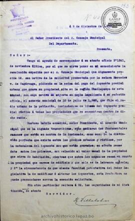Resolución Municipal ; Asunto:  Reclamo sobre cobro de impuesto como predial urbano; Lugar: Región Challapampa; Estado: Desestimado, mediante Resolución; Unidad Receptora: H. Concejo Municipal; Solicitante: Sagarnaga, Mercedes Vda. De