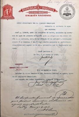 Resolución Municipal ; Asunto: Solicita el servicio de agua que expresa.; Lugar: Av. 20 de octubre; Estado: Concedido mediante Resolución Municipal; Unidad Receptora: H. Concejo Municipal; Solicitante: Ribert, José L.