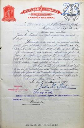Resolución Municipal ; Asunto: Reclama el pago de la suma que indica.; Lugar: Calle Murillo; Estado: Remitido a la Comisión de Hacienda, para informe; Unidad Receptora: H. Concejo Municipal; Solicitante: Patiño, Julio C.