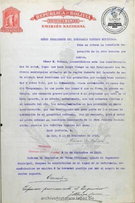 Resolución Municipal ; Asunto: Pide se ordene la inmediata reparación de la obra ruinosa que indica; Lugar: Región Sudoeste del Lazareto; Estado: Contiene informe del Ingeniero Municipal; Unidad Receptora: H. Concejo Municipal; Solicitante: Franco, César G.