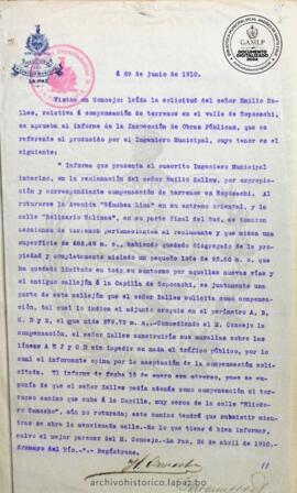 Resolución Municipal ; Asunto: Compensación por los terrenos en Sopocachi; Lugar: Av. Sánchez Lima y B. Salinas; Estado: En consideración, mediante Resolución. ; Unidad Receptora: H. Concejo Municipal; Solicitante: Zalles, Emilio