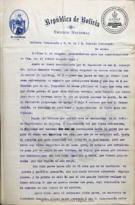 Resolución Municipal; Asunto: Se opone; Lugar: Chacra de nombre de Sporting; Estado: Cuenta con proveído; Unidad Receptora: H. Concejo Municipal; Solicitante:  Delgado, Delfina R. de
