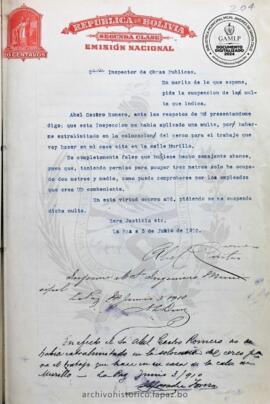 Resolución Municipal; Asunto: En merito de lo que expone, pide la suspensión de la multa que indica.; Lugar: Calle Marrillo; Estado: Aceptado mediante proveído; Unidad Receptora: H. Concejo Municipal; Solicitante: Castro Romero, Abel