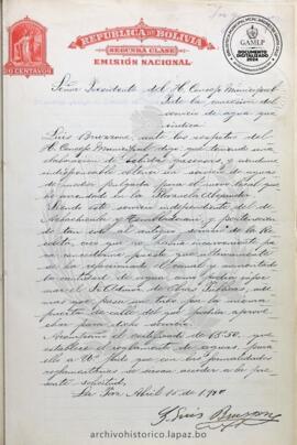 Resolución Municipal; Asunto: Pide la concesión del servicio de agua que indica ; Lugar: Plazuela Alexander; Estado: Autorizado por el H. Presidente del H. Concejo Municipal ; Unidad Receptora: H. Concejo Municipal; Solicitante: Bruzzone, Luis