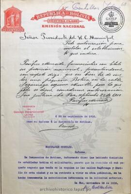 Resolución Municipal ; Asunto: Pide autorización para instalar el establecimiento que indica.; Lugar: Calle Sagarnaga esq. Murillo ; Estado: Contiene informe del Inspector de Boticas; Unidad Receptora: H. Concejo Municipal; Solicitante: Mercado, Pacífico