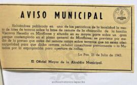 Aviso Municipal; Asunto: Terrenos de la familia Viscarra Heredia; Lugar: Miraflores ; Unidad Receptora: Oficial Mayor de la Alcaldía Municipal; Solicitante: Familia Viscarra Heredia