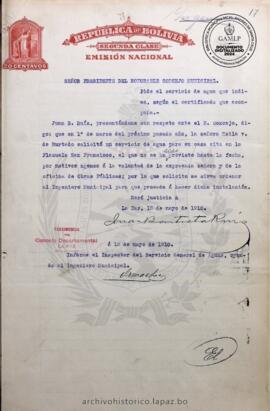 Resolución Municipal ; Asunto: Pide el servicio de agua que indica, según el certificado que acompaña.; Lugar:  Calle Lanza Nº10; Estado: Concedido mediante Resolución Municipal; Unidad Receptora: H. Concejo Municipal; Solicitante: Ruiz, Juan B.