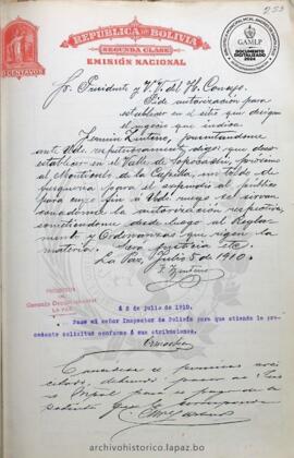 Resolución Municipal ; Asunto: Pide autorización para establecer el sitio que designa el negocio que indica.; Lugar: Villa Sopocachi; Estado: Concedido por el Inspector de Policía mediante proveído; Unidad Receptora: H. Concejo Municipal; Solicitante: Zenteno, Fermín