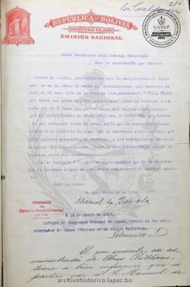 Resolución Municipal ; Asunto: Hace la reclamación que expresa.; Lugar: Av. Arce; Estado: Contiene informe del Inspector General de Aguas.; Unidad Receptora: H. Concejo Municipal; Solicitante: Zabala, Manuel