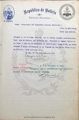 Resolución Municipal ; Asunto: Pide partida de Óbito que indica.; Lugar: Cementerio General; Estado: Aceptado; Unidad Receptora: H. Concejo Municipal; Solicitante: Peña, Abigail de