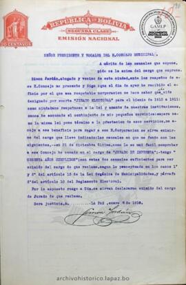 Resolución Municipal ; Asunto: A merito de las causales que expone, pide se le exima del cargo que expresa.; Estado: Aceptado mediante Resolución; Unidad Receptora: H. Concejo Municipal; Solicitante: Dr.  Jordán, Simón