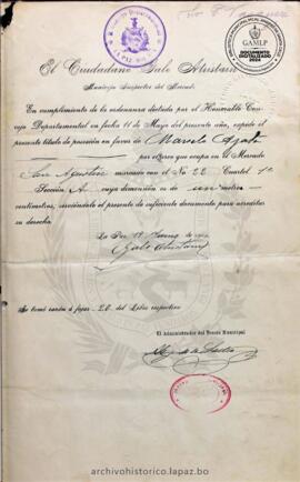 Resolución Municipal; Asunto: Protestando recurrir a la autoridad respectiva en caso de no ser atendidos, piden que disciplinariamente se les mantenga en la posesión que indican de la que han sido despojados con violencia. ; Lugar: Mercado San Agustín puesto N°22 cuartel 1 sección A; Estado: Contiene el Informe del Inspector de Mercados Públicos; Unidad Receptora: H. Concejo Municipal; Solicitante: Ramos, Lorenza y Ajata, Marcelo