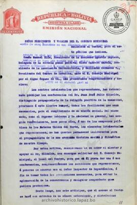 Resolucion Municipal ; Asunto: Solicitan el Teatro para el acto publico que indican.; Lugar: Teatro Municipal ; Estado: Aceptado mediante resolución; Unidad Receptora: H. Concejo Municipal; Solicitante:  Manuel Elío, Tomas