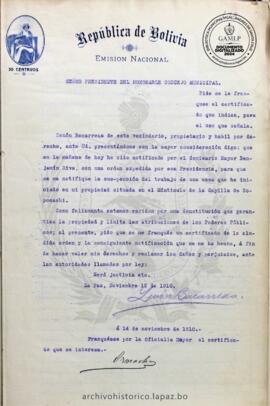 Resolución Municipal; Asunto: Pide se le franquee el certificado que indica, para el uso que señala.; Estado: Presidente del H. Concejo autoriza lo solicitado; Lugar: Montículo; Unidad Receptora: H. Concejo Municipal; Solicitante: Bacarreza, Zenón