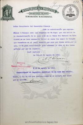 Resolución Municipal ; Asunto: Pide autorización que expresa..; Lugar: Calle del Mercado; Estado: Contiene informe del Ingeniero Municipal; Unidad Receptora: H. Concejo Municipal; Solicitante: Velasco, Néstor P.