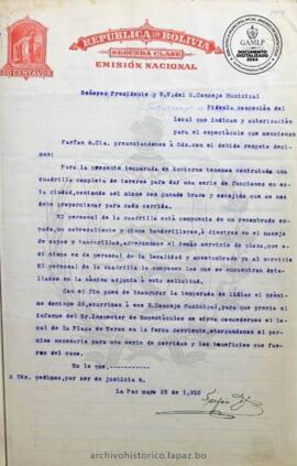 Resolución Municipal ; Asunto: Piden la concesión del local que indica y autorización para el espectáculo que mencionan; Lugar: Plaza  del Acho; Estado: Aprobado mediante Resolución Municipal; Unidad Receptora: H. Concejo Municipal; Solicitante: Farfan &. Cia.