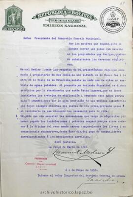 Resolución Municipal ; Asunto: Por los motivos que expone, pide se mande cerrar las pilas que existen en las propiedades que designa, quedando subsistentes los derechos adquiridos.; Lugar: Calle Riverilla y Nueva Paz ; Estado: Aceptado mediante Resolución; Unidad Receptora: H. Concejo Municipal; Solicitante: Medina, Manuel