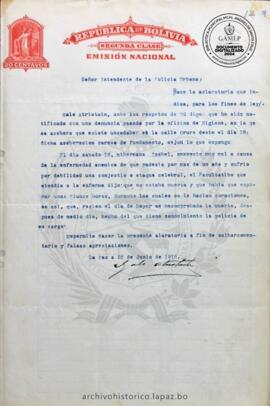 Resolucion Municipal; Asunto: Hace la aclaratoria que indica, para los fines de ley; Lugar: Calle Oruro/Murillo Nº 25; Estado: Contiene informe del Intendente de la Policía Urbana; Unidad Receptora: Intendente de la Policía Urbana; Solicitante: Atristain, Galo