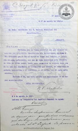 Resolución Municipal ; Asunto: Solicitud de Instalación de agua en el Palacio de Justicia; Estado: Autorizado mediante Resolución; Unidad Receptora: H. Concejo Municipal; Solicitante: Villalobos, R.