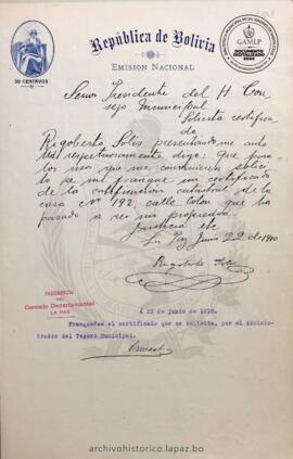 Resolución Municipal ; Asunto: Solicita certificado.; Lugar: Calle Colon Nº192; Estado: Concedido mediante Resolución; Unidad Receptora: H. Concejo Municipal; Solicitante: Solís, Rigoberto